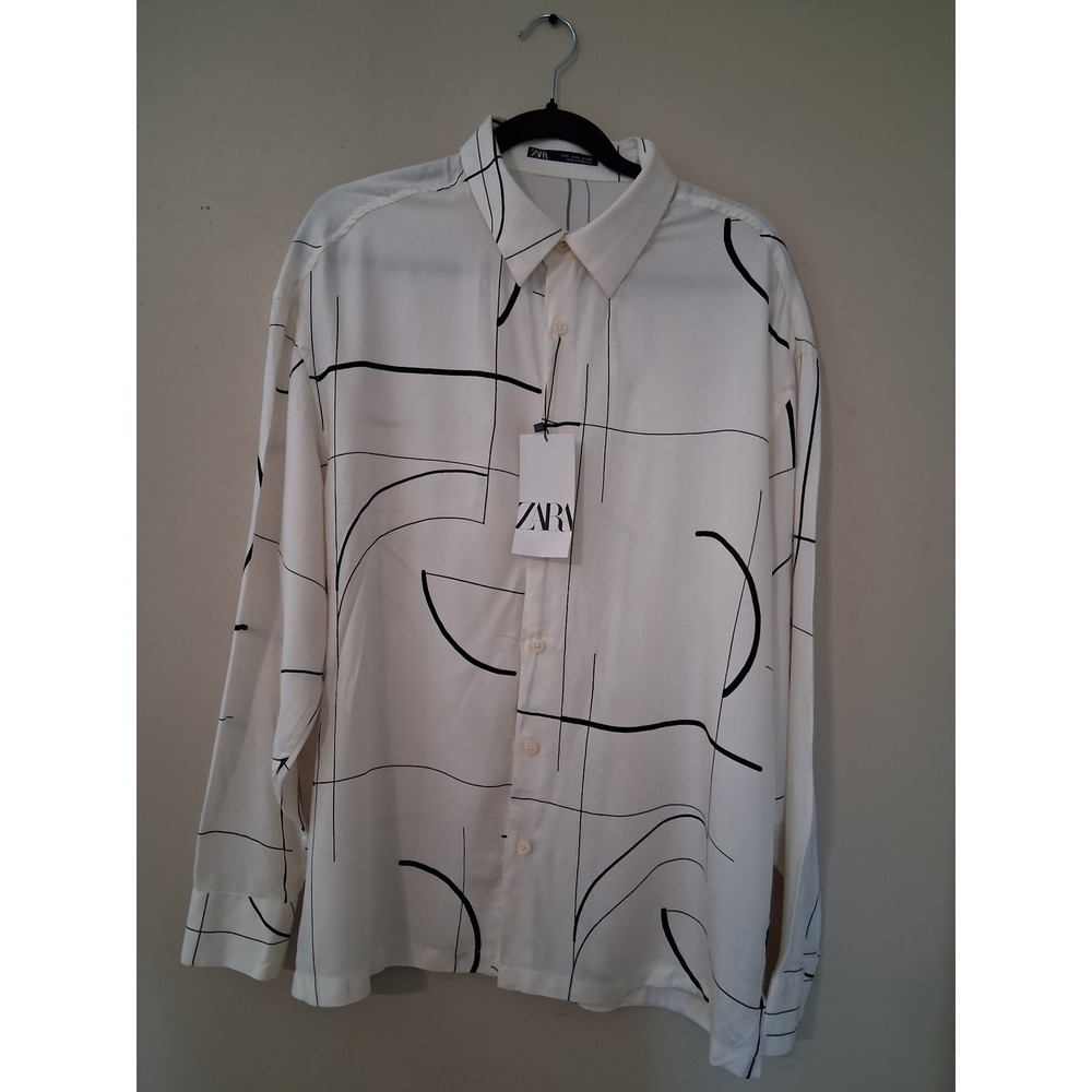 Zara Womens Large White Black Abstract Geometric Line Print Button Up Shirt NEW